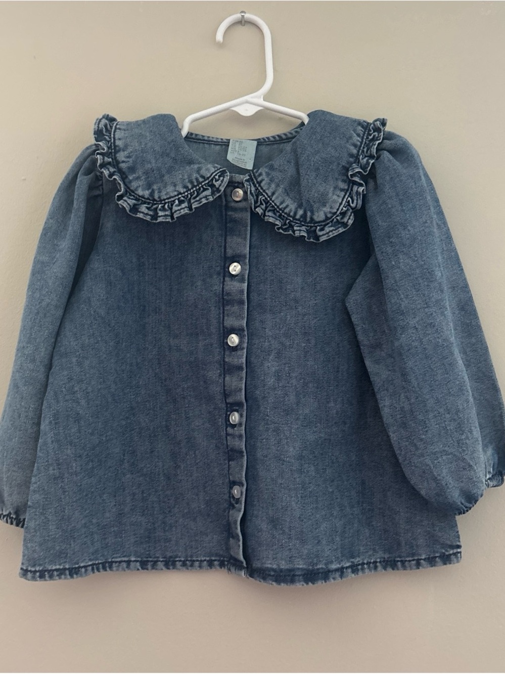 Girls' Denim Button-Front Dress with Ruffle Collar - Blue